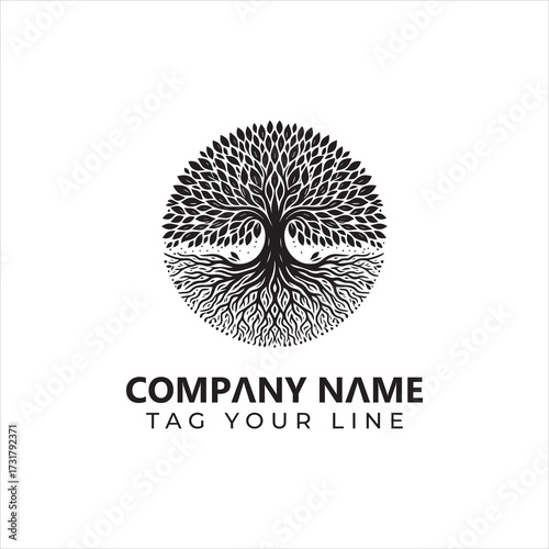 Detailed Black and White Tree of Life Logo with Roots and Leaves.