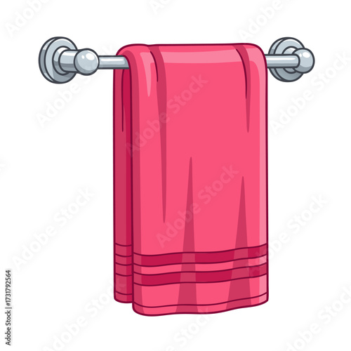 A plush pink towel hanging on a silver towel bar in a bathroom, clean and dry