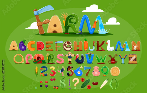 Cartoon farm font, agriculture typeface, harvest type, kids funny english alphabet letters and numbers. Vector typography abc font of eco farm food, vegetables and fruit, cute animals and farmer tools