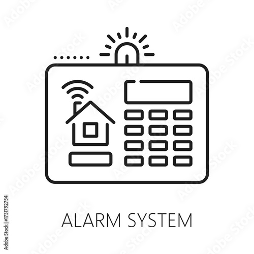 Alarm system home security device line icon or pictogram. House security electronics lineart vector icon, protection technology symbol. Safety equipment sign with home alarm system control panel
