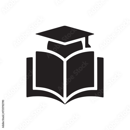 Education Icon Vector – Open Book with Graduation Cap Symbol for Learning and Knowledge