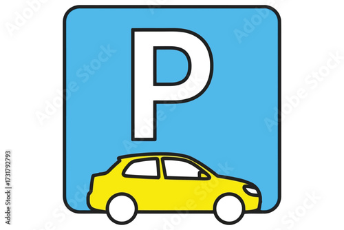 Vector art of a parking sign featuring a blue square with a white letter p and a yellow car below, indicating a designated parking area
