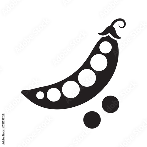 Stylized pea pod silhouette icon. Simple black and white vector illustration of an open legume with peas, representing healthy food and vegetables.
