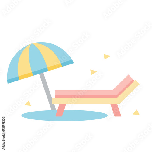 A beach lounge chair under a striped umbrella, a symbol of summer vacation and relaxation.