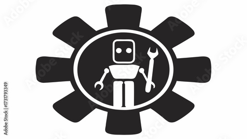 Modern robot mechanic with wrench inside gear symbolizes technology innovation and industrial solutions for future progress