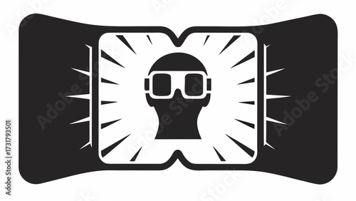 Immersive experience icon showing a head wearing virtual reality goggles radiating vibrant energy and futuristic vision