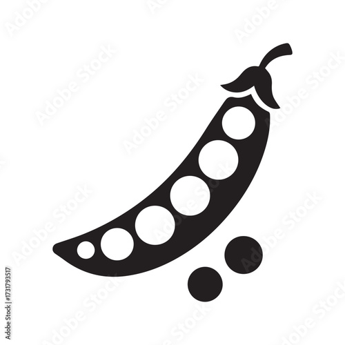 Stylized pea pod silhouette icon. Simple black and white vector illustration of an open legume with peas, representing healthy food and vegetables.
