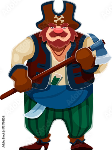Cartoon pirate and corsair ship crew character holding an axe, exuding sense of adventure and bravery. Isolated vector boatswain, rover or sailor with captures spirit of adventurous pirate tales