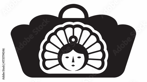 Elegant Japanese woman's face adorned with traditional fan headdress within a stylized shopping bag, perfect for cultural retail and branding