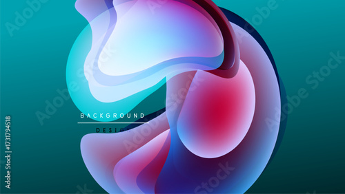 Abstract fluid shapes blend, creating vibrant color gradients. Design features text elements over dark background.