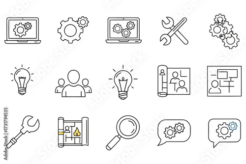 Vector art of hand drawn icons of business and technology, representing ideas, solutions, and teamwork the sketch style adds a creative and personal touch