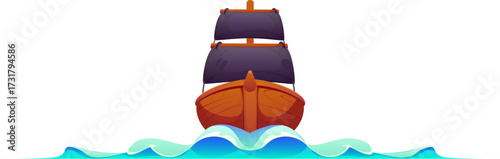 Marine and nautical divider features front view of a wooden pirate ship sailing through waves. Isolated cartoon vector corsair border frame, piracy decoration for sea adventure or maritime layouts