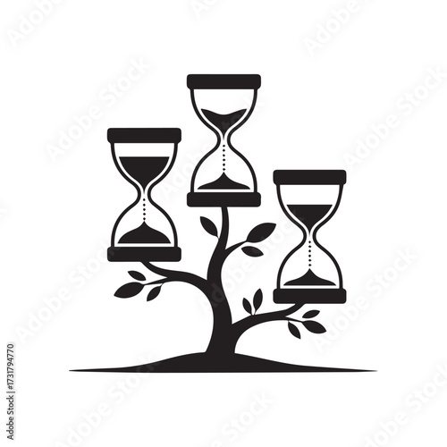 Vector art of a symbolic black and white illustration of a tree with hourglasses as its leaves, , representing time and growth