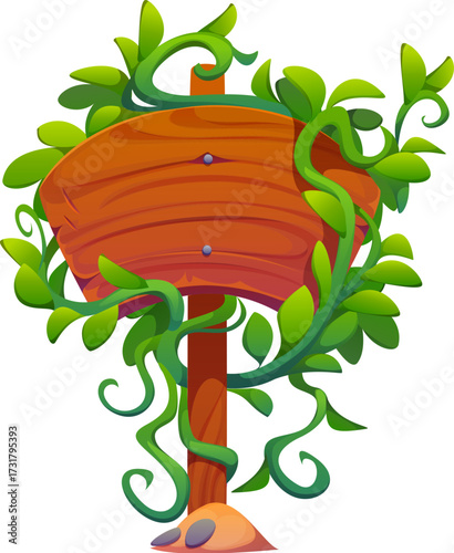 Cartoon wooden sign board decorated with tropical jungle leaves and lianas, vector signboard. Wooden sign board or signage post in tropical rainforest tendrils of liana vines and monstera leaves