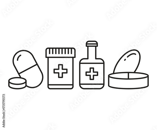 medicine pill and bottle icons set