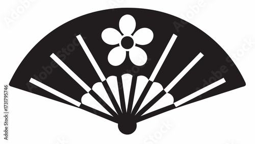 Elegant black and white Japanese fan with a delicate flower motif offers a touch of timeless sophistication and cultural beauty for design projects.