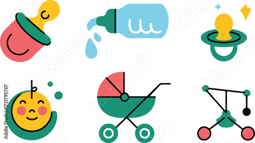 Baby Items Illustration Baby Bottle Pacifier Stroller Toy Crib