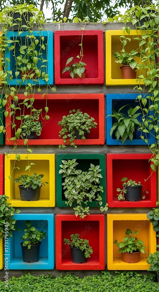 Obraz premium Vibrant Contemporary Wall Display with Potted Plant Arrangement in Colorful Cubes