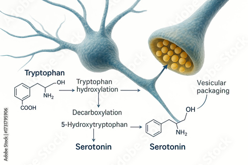 Diagram illustrating the chemical synthesis of serotonin from tryptophan within a neuron and its packaging into vesicles for neurotransmission.
