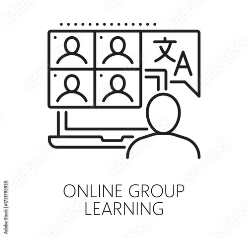 English language online learning and translation line icon or sign. English translation thin line vector symbol or icon. Foreign language learning pictogram with student participating in online class