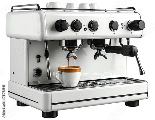 White coffee machine with coffee pouring into a cup