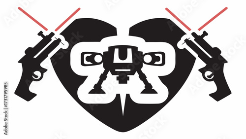 Dynamic robot heart emblem with crossed laser guns and red beams symbolizing power, conflict, and futuristic defense