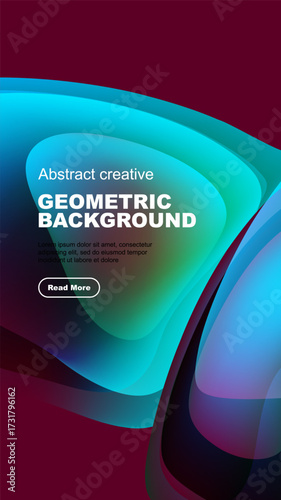 Abstract geometric background features vibrant overlapping shapes. Text promotes creative design, includes read more button. Dark backdrop enhances color contrast.
