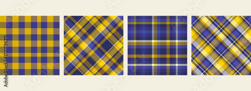 Collection of blue and yellow seamless plaid tartan pattern, colorful natural fabric swatch, textile, geometric background