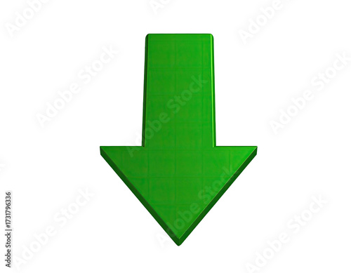 3D rendered, vibrant green downward arrow against black background