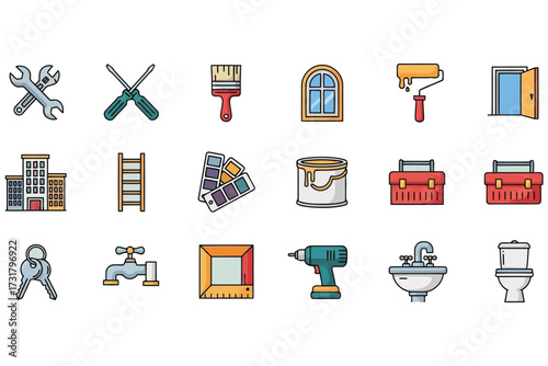 Vector art of collection of home improvement and construction icons includes tools, fixtures, and building elements for renovation and repair projects