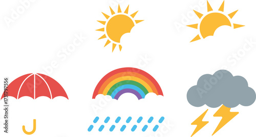 Weather icons collection showing wind sun clouds rain rainbow storm lightning
