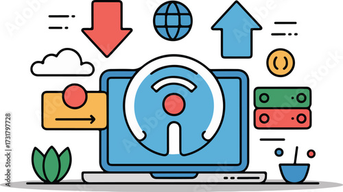 Data transfer icon with network and cloud elements