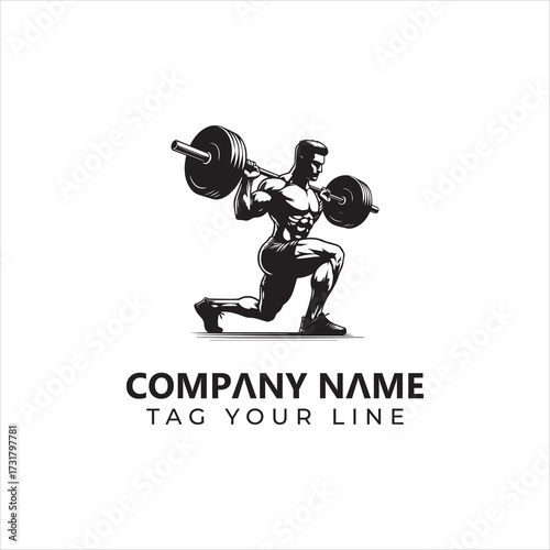 Muscular Athlete Performing Barbell Lunge in Dynamic Black and White Illustration.