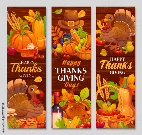 Festive Thanksgiving vector banners with roasted turkey, pumpkins and corn, grapes, wine and pilgrim hat, arranged with autumn fall leaves on wood background. Thanksgiving holiday greeting banners set