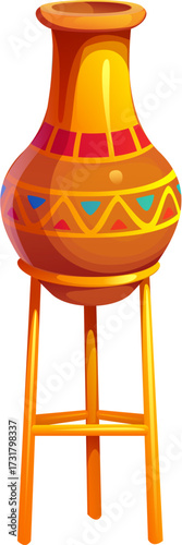 Cartoon clay pot placed on a wooden stand, decorated with tribal patterns, Egypt game icon asset, ancient treasure, decor, museum relic or ceremonial artifact in Egyptian or history themed games