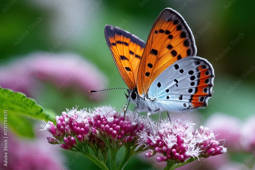 Obraz premium Butterfly with orange and white wings on pink flower