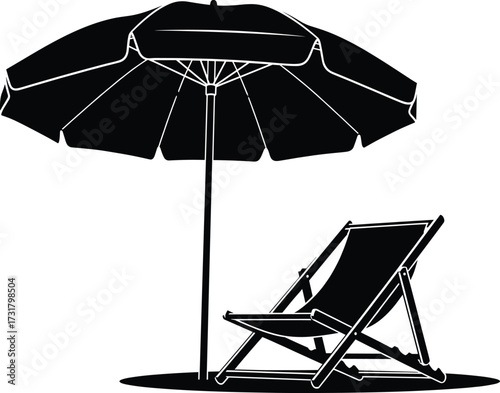 Beach umbrella silhouette, relaxing summer vacation, tropical outdoor leisure, shaded lounge chair, black and white vector, minimalist holiday concept, peaceful coastal retreat