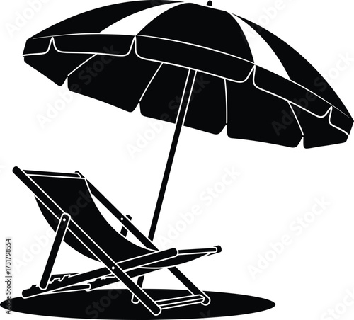 Beach umbrella, summer vacation, relaxing chair, tropical leisure, outdoor shade, holiday icon, silhouette design, travel concept, vector illustration, peaceful beach scene