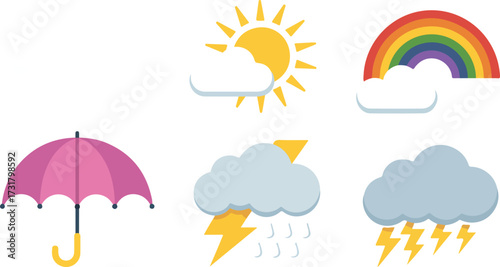 Weather icons showing wind sun rain thunder lightning snow rainbow umbrella