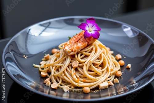 Elegant Pad Thai with lobster tail, thin rice noodles delicately twisted into a tower, garnished with tamarind reduction, edible orchid