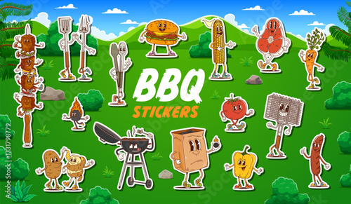 Stickers of groovy BBQ or barbeque characters on grill picnic, cartoon vector. Kids stickers of funny groovy barbecue steak with funky cheeseburger, charcoal grill with freaky smile, sausage and fork