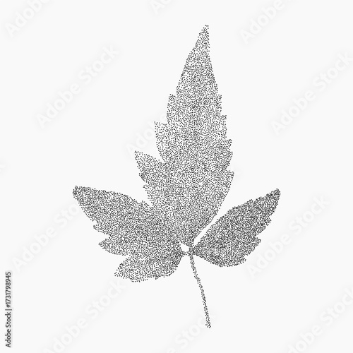 Graphic leaf with stipple shading and threshold texture, retro grain and paper dust, perfect for punk style collage elements or vintage compositions.