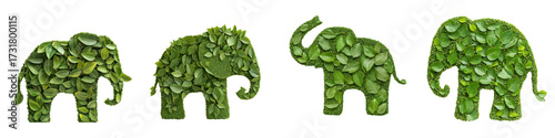 Animal shaped topiary elephants made of detailed green leaves create vibrant and lively scene.,isolate on transparent background