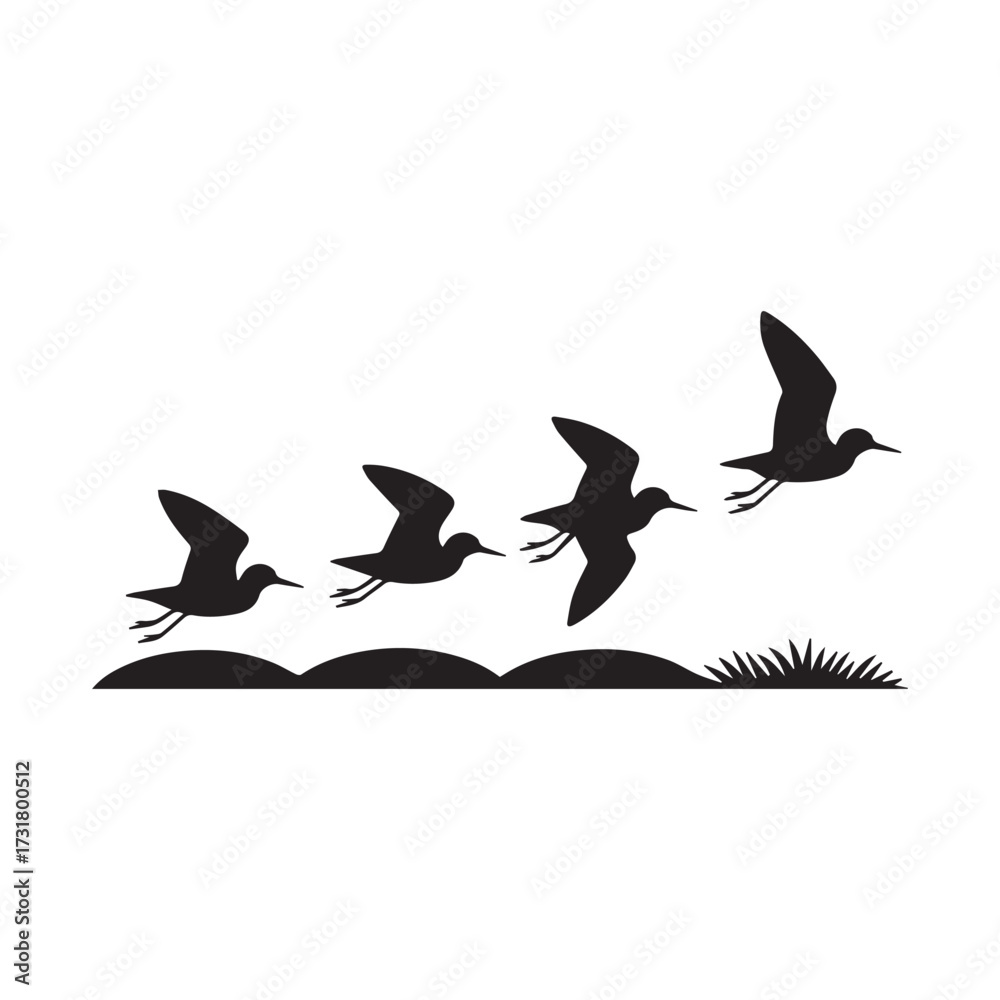 Fototapeta premium Vector art of flock of birds flying over the field black and white vector illustration of birds flying over the field