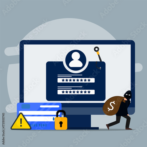 Phishing attack with hacker stealing money in sacks. Credit card dangerous with unlocking padlock symbol and personal account hacking with fishing hook on computer screen.
