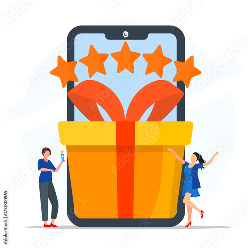 A group of businesswomen looking happy about big gift box with ribbon and five stars on smartphone screen. Concept of loyalty program, customer satisfaction and achievement on work.
