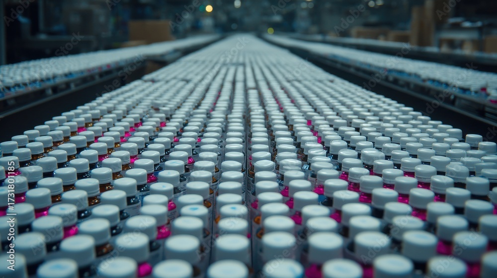 Obraz premium Bottles on Conveyor Belt in Manufacturing Facility