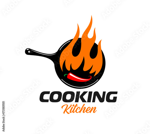 Cook pan icon for cuisine restaurant or kitchen cooking and BBQ bar, vector emblem. Frying pan or skillet icon with chili pepper and fire flames for grill bar, cooking school or kitchen chef food menu