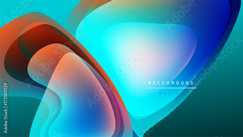 Abstract fluid shapes blend, creating vibrant blue, teal, orange gradients. Dark background emphasizes colorful forms, modern design element.