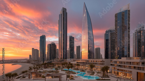 Modern Smart City Skyline with Glass Towers and Sunset Sky